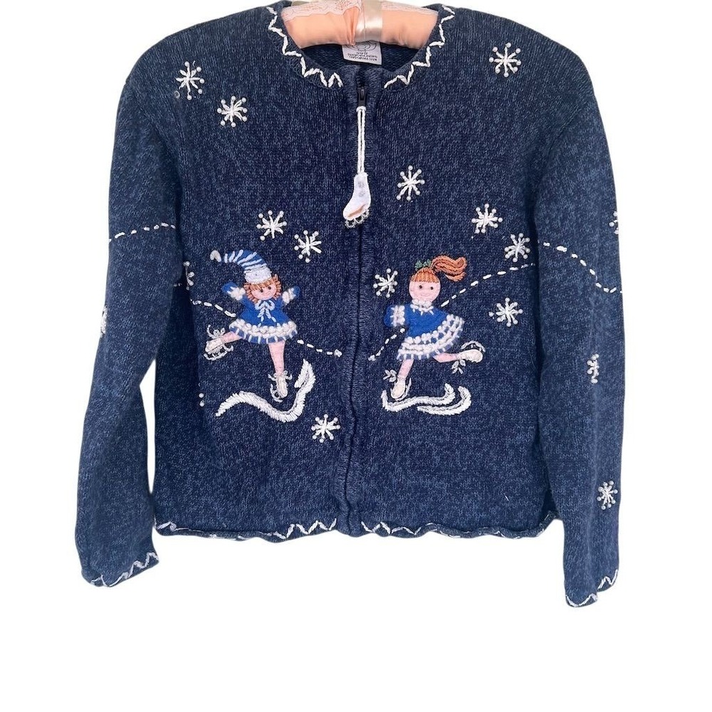 Vintage Y2K Tiara Girls Ugly Christmas Sweater Size 12-14 Blue Zip Winter